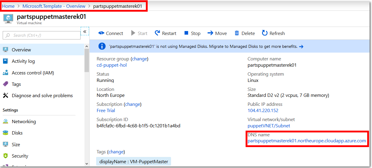 Screenshot of the Overview pane for the Puppet Master Virtual Machine partspuppetmasterek01 in Azure Portal. The DNS name value for the Puppet Master VM partspuppetmasterek01 is highlighted to illustrate how to access the Puppet Master VM DNS name value from the the Overview pane.